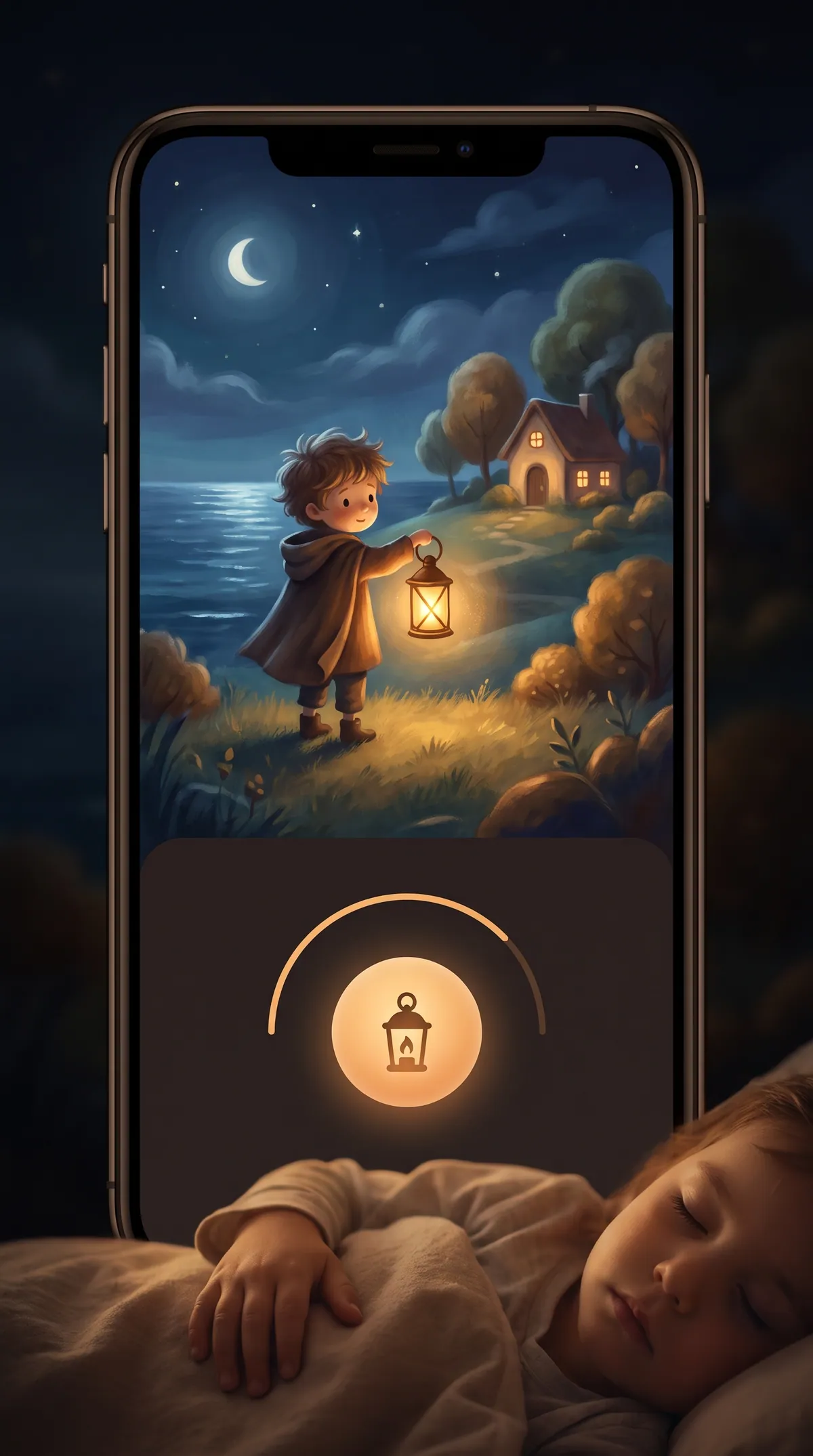 A child holds a glowing lantern in a painted night scene, shown on a phone held in a dark bedroom above a sleeping child.