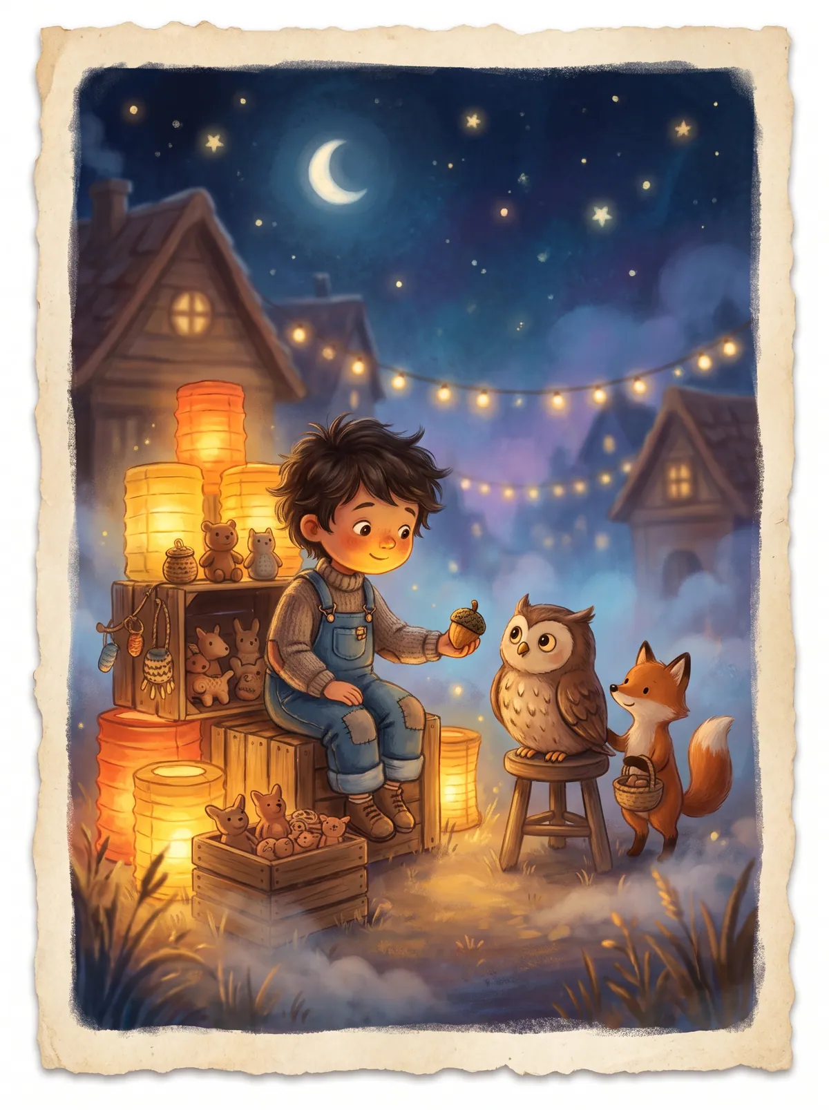 A child running a lantern-lit night market stall, trading a small acorn with a friendly owl and a fox.