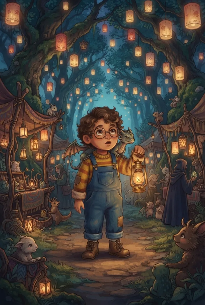 A child among warm paper lanterns under a painted night sky, a small friendly creature nearby.