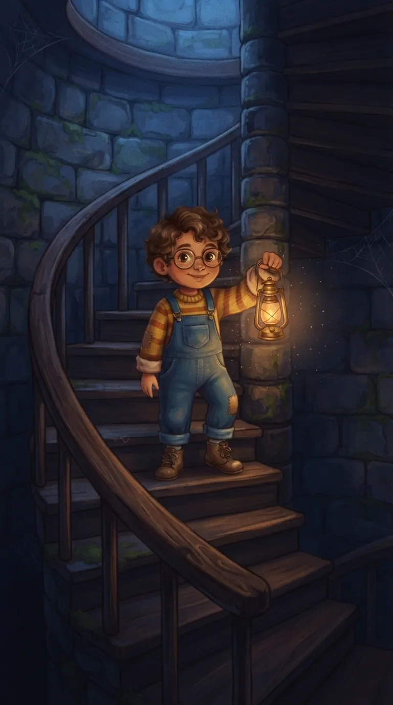 A child holding a glowing lantern on a warm, winding stone staircase at night.
