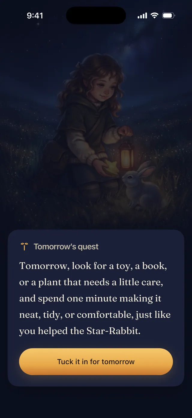 A Nightlore chapter's mission card rising over a dimming illustration, offering a small real-world quest for tomorrow.