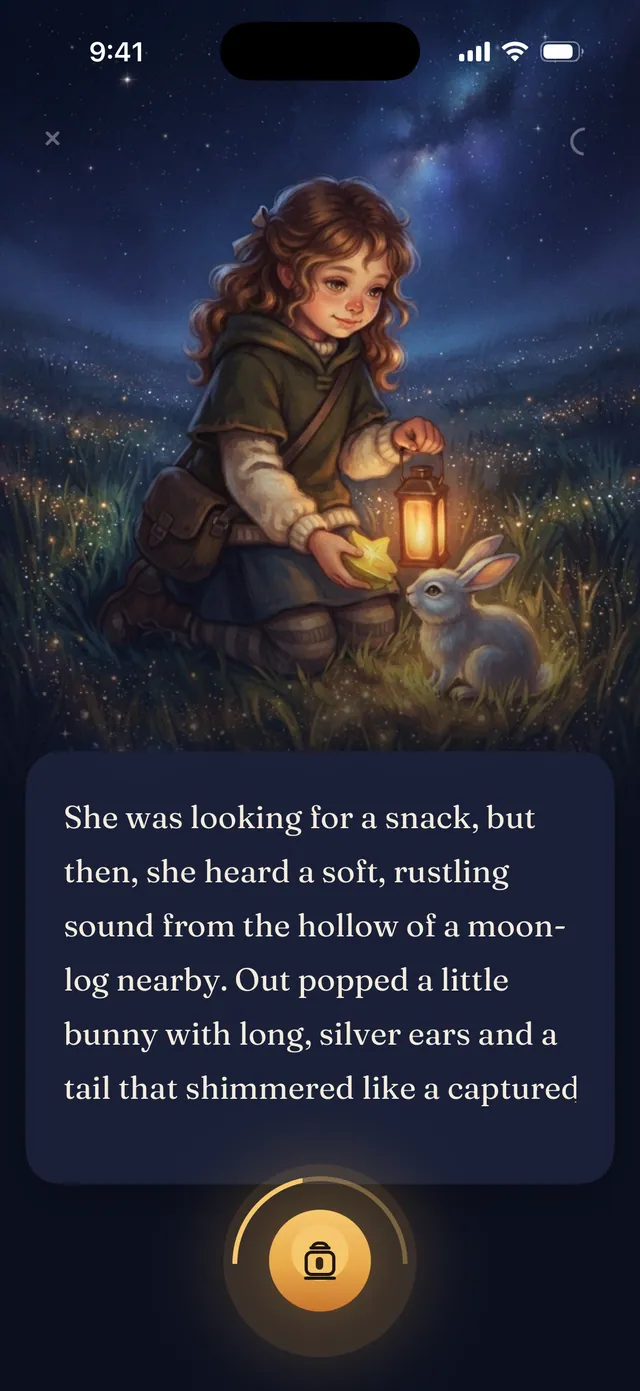 A story page in Nightlore: a painted night meadow with the child and a rabbit, and the chapter text on a warm reading panel below.