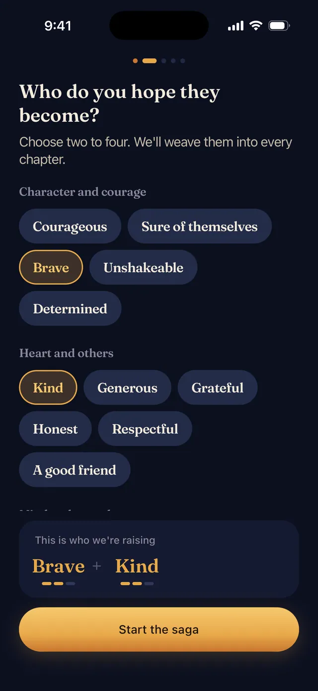 The character recipe in Nightlore: warm trait chips like Brave and Kind composing into a phrase, this is who we're raising.