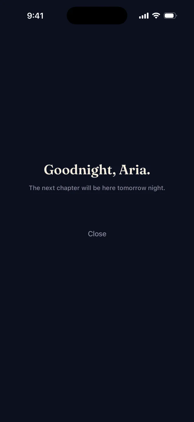The close of a Nightlore chapter: a darkened screen with a single goodnight line.