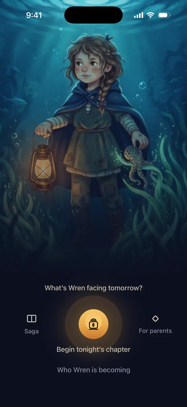 The Nightlore home screen: a child hero underwater holding a glowing lantern, with a lantern button to begin tonight's chapter.